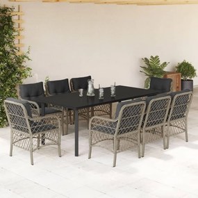 Set Pranzo da Giardino 9pz con Cuscini Grigio Chiaro Polyrattan