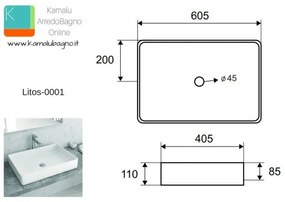 Kamalu - lavabo appoggio rettangolare 60,5 cm ceramica slim litos-0001