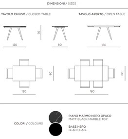 Tavolo con piano effetto Marmo Nero base metallo allungabile fino a 180 cm ORESTE