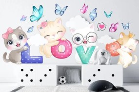 Adesivo murale per ragazze, gattini con la scritta LOVE 100 x 200 cm
