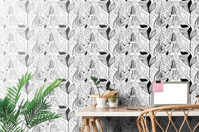 Carta da parati – Foglie magiche in versione bianco e nero