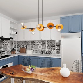 Lampadario 6 Luci Eos In Acciaio Nero E Arancio Con Barra E Diffusori A Piatti