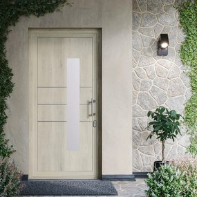 Porta d'ingresso DOLCETTI in PVC pannello bugnato mod.197 con vetro L 90 x H 210 cm in PVC quercia polacca, apertura spingere a destra, falso telaio non incluso