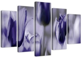 Quadro su tela 5 pannelli Fiori di tulipano viola  Dimensioni 100x70