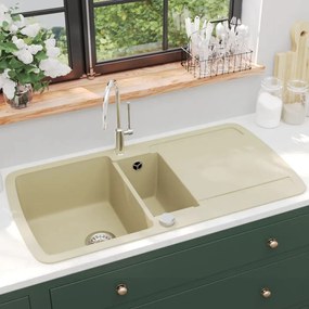 Lavello Da Cucina İn Granito Vasca Doppia Beige /