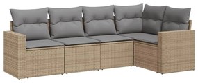 Set Divano da Giardino 5 pz con Cuscini Beige in Polyrattan