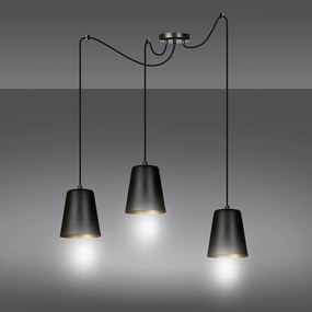 Lampadario 3 Luci Link In Acciaio Nero Cavo Lungo E Paralumi Cono Nero E Oro