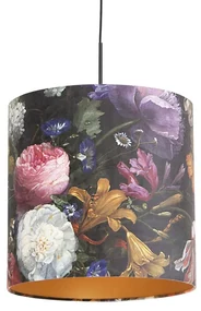 Lampada a sospensione con paralume in velluto fiori con oro 40 cm - Combi