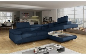 Divano angolare blu allungabile/con contenitore (con penisola a destra/a L) e rivestimento in velluto Anton – ELTAP