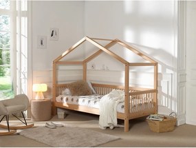 Letto da bambini a forma di casa di colore naturale in faggio massiccio con rete inclusa 90x200 cm Forrest – Vipack