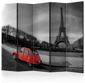 Paravento separè Torre Eiffel e un'auto rossa II: un'auto colorata e una città grigia