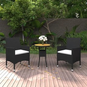 Set bistrot da giardino 3 pz polyrattan e legno massello nero