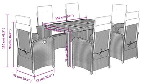 Set da Pranzo da Giardino 7 pz con Cuscini in Polyrattan Grigio