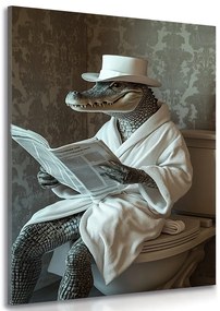 Quadro su tela – Coccodrillo con giornale in bagno