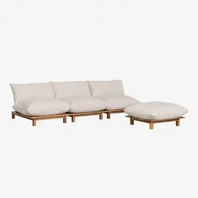 Divano Componibile Reclinabile In 3 Pezzi Con Puff In Legno Di Acacia Brina Beige Crema - Sklum