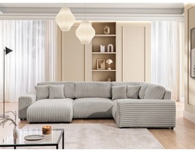 Divano angolare grigio chiaro (con penisola a destra/a U) rivestito in velluto a coste Justin – Ropez