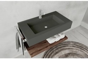 Lavabo Sospeso Antracite 80 Cm Con Mensola Effetto Legno E Specchio - Roma