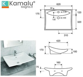 Kamalu - lavabo da appoggio moderno 60cm linea litos-t160