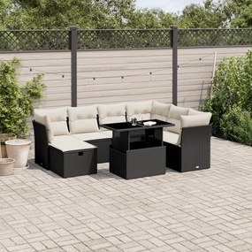 Set divani da giardino con cuscini 8 pz nero in polyrattan