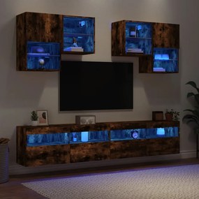 Set Mobili TV a Muro 6 pz con Luci LED Rovere Fumo