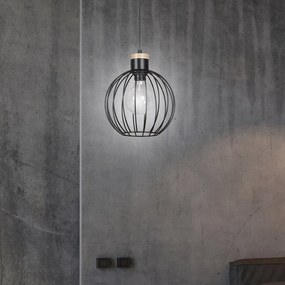 Sospensione 1 Luce Morgana Paralume A Gabbia In Acciaio Nero E Legno Naturale