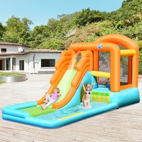 Costway Castello gonfiabile con scivolo ad acqua area e piscina 490x225x240cm, Parco acquatico gonfiabile per bambini