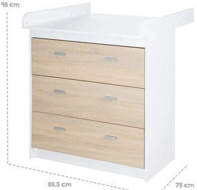 Cassettiera alta per bambini in rovere con fasciatoio in bianco e naturale 89x98 cm Gabriella - Roba