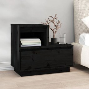 Comodino Nero 60x34x51 Cm İn Legno Massello Di Pino /