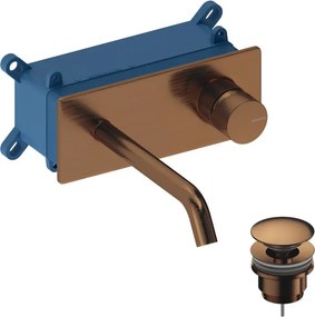 Rubinetto per lavabo Loop k miscelatore monocomando a parete per lavabo bocca 18cm + corpo incasso + piletta di scarico + placa rettangolare rose gold brushed