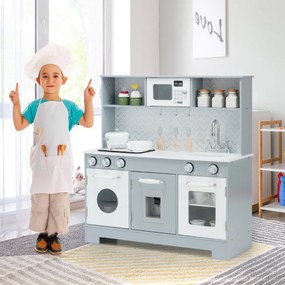 Costway Cucina giocattolo in legno per bambini con utensili accessori lavandino telefono, Set di cucina finta Grigio