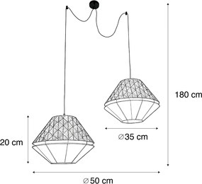 Lampada a sospensione nera con doppio paralume in velluto con motivo a foglie e beige a 2 luci - Cava Luxe