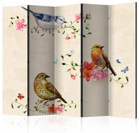Paravento Canto degli uccelli II - animali su piante colorate su sfondo beige