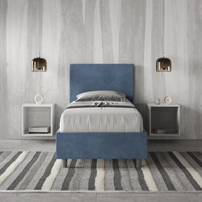 Letto singolo imbottito 80x210 microfibra Adele senza rete, con rete, contenitore, Blu / Contenitore