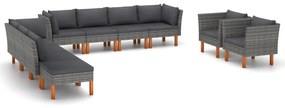Set divani giardino 10pz polyrattan legno di eucalipto grigio