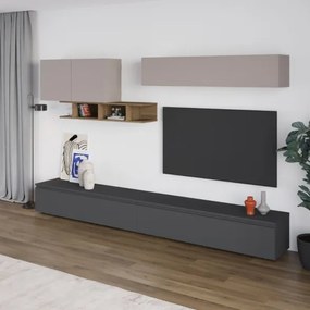 Parete Attrezzata Salotto 300 Cm Con Pensili E Vani Noce Moka E Antracite Monica