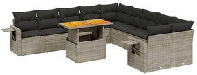 Set divani da giardino 11 pz con cuscini in polyrattan grigio