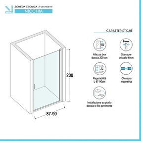 Porta doccia nicchia 90 cm nero opaco a battente con vetro trasparente