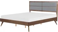 Letto Legno Scuro Rete a Doghe Testiera Imbottita Grigia 180 x 200 cm