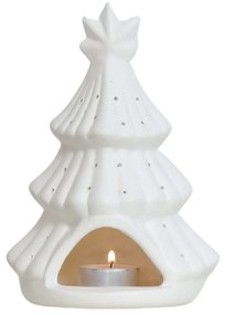 Portacandela albero di Natale in ceramica bianco 14x19 cm