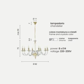 Lampada a sospensione RAVEL 8 luci in vetro lavorato a mano CROMO