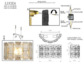 Lucea Applique Orvin ottone antico larghezza 33 cm vetro/metallo a 2 luci