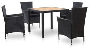 Set da pranzo da giardino 5 pz con cuscini in polyrattan nero