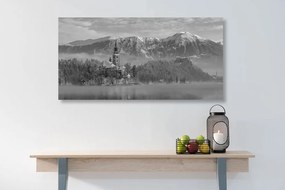 Stampa su tela – Chiesa sul lago Bled in Slovenia in bianco e nero