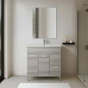 Mobile bagno 80 cm in melaminico grigio con due ante e due cassetti con consolle in ceramica e specchio