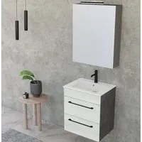 Composizione bagno sospesa Smack a 2 cassetti 55x62 con lavabo, specchio con lampada LED olmo bianco e cemento