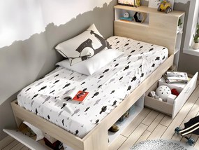 Letto con testata, vani portaoggetti e cassetto 90 x 190 cm Bianco e Naturale - LEANDRE