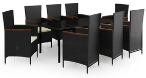Set da pranzo da giardino 9 pz con cuscini nero