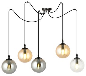 Lampadario 5 Luci Ginevra In Acciaio Nero Con Cavo Lungo E Vetri Multicolor