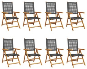 Sedie giardino reclinabili 8pz nere polyrattan e legno massello