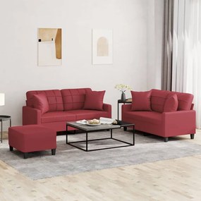 Set di divani 3 pz con cuscini rosso vino in similpelle